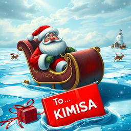 A whimsical scene depicting Santa Claus aboard his classic sleigh, which is dramatically stuck in a vast expanse of shimmering blue ice