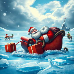A whimsical scene depicting Santa Claus aboard his classic sleigh, which is dramatically stuck in a vast expanse of shimmering blue ice