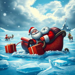 A whimsical scene depicting Santa Claus aboard his classic sleigh, which is dramatically stuck in a vast expanse of shimmering blue ice