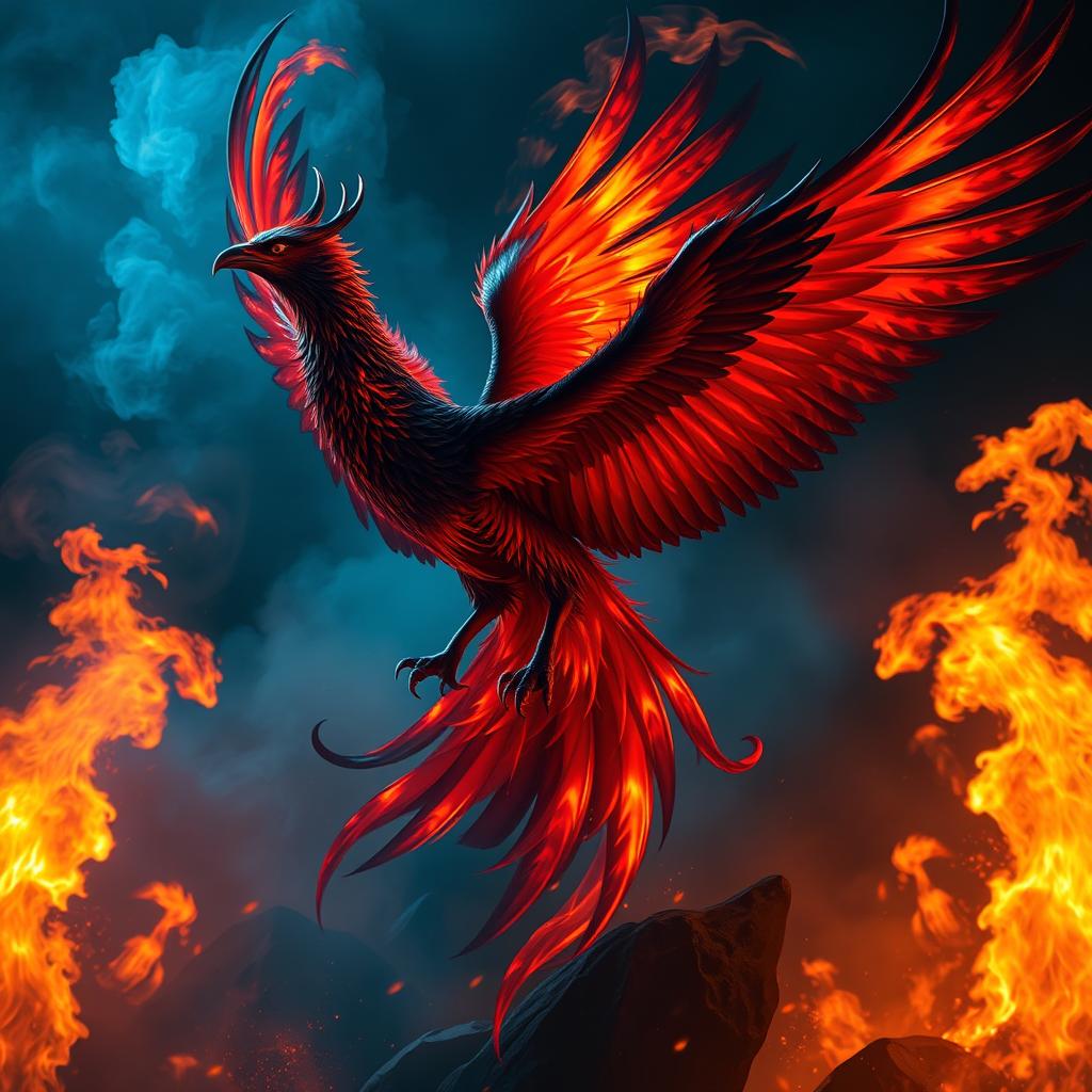 A majestic dark shadow phoenix emerging from vibrant, swirling flames, with beautiful plumage glowing in shades of deep red, orange, and hints of blue