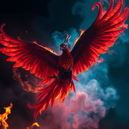 A majestic dark shadow phoenix emerging from vibrant, swirling flames, with beautiful plumage glowing in shades of deep red, orange, and hints of blue
