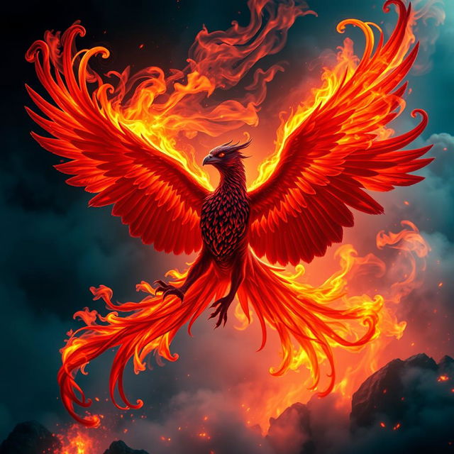 A majestic dark shadow phoenix emerging from vibrant, swirling flames, with beautiful plumage glowing in shades of deep red, orange, and hints of blue