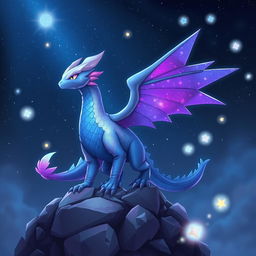 A unique Pokémon, resembling a hybrid of a dragon and a mystical bird, standing majestically atop a rocky cliff under a starry night sky