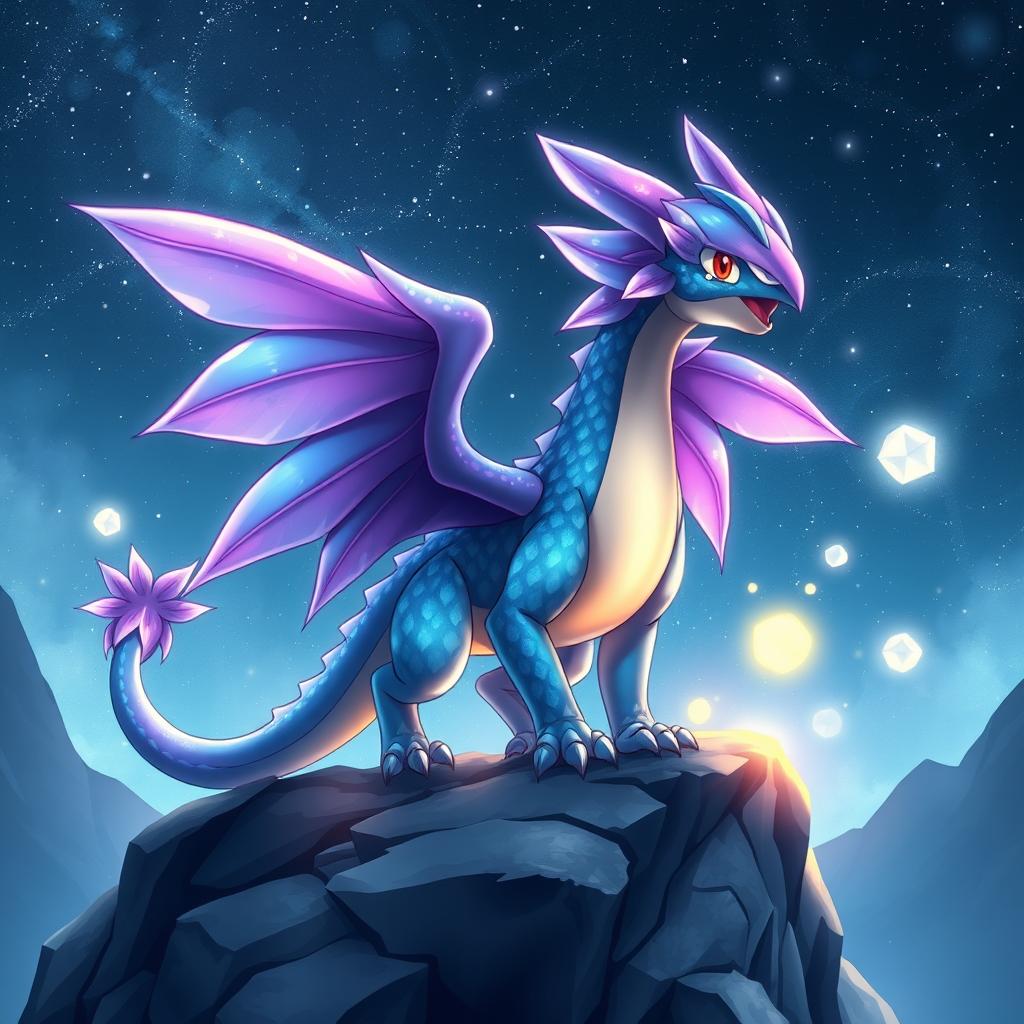 A unique Pokémon, resembling a hybrid of a dragon and a mystical bird, standing majestically atop a rocky cliff under a starry night sky