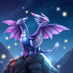 A unique Pokémon, resembling a hybrid of a dragon and a mystical bird, standing majestically atop a rocky cliff under a starry night sky