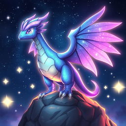 A unique Pokémon, resembling a hybrid of a dragon and a mystical bird, standing majestically atop a rocky cliff under a starry night sky
