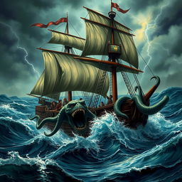A dramatic scene depicting Medusa attacking a discovery ship in the midst of a turbulent sea