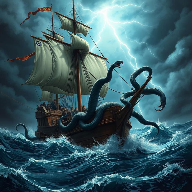 A dramatic scene depicting Medusa attacking a discovery ship in the midst of a turbulent sea