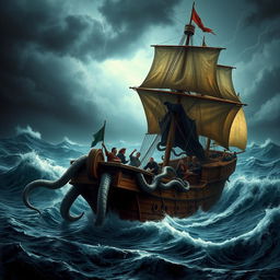 A dramatic scene depicting Medusa attacking a discovery ship in the midst of a turbulent sea