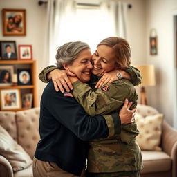 A heartfelt scene depicting a soldier warmly hugging their mother, both radiating joy and emotion