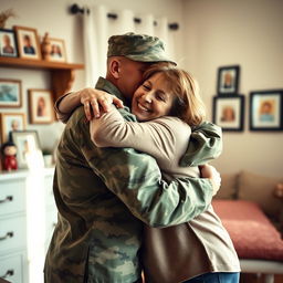 A heartfelt scene depicting a soldier warmly hugging their mother, both radiating joy and emotion
