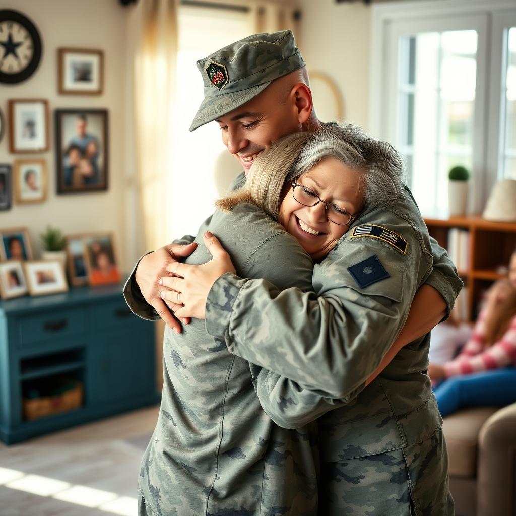A heartfelt scene depicting a soldier warmly hugging their mother, both radiating joy and emotion