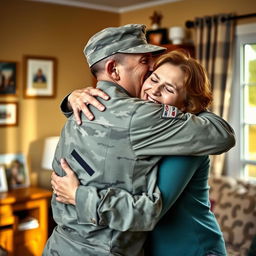 A heartfelt scene depicting a soldier warmly hugging their mother, both radiating joy and emotion
