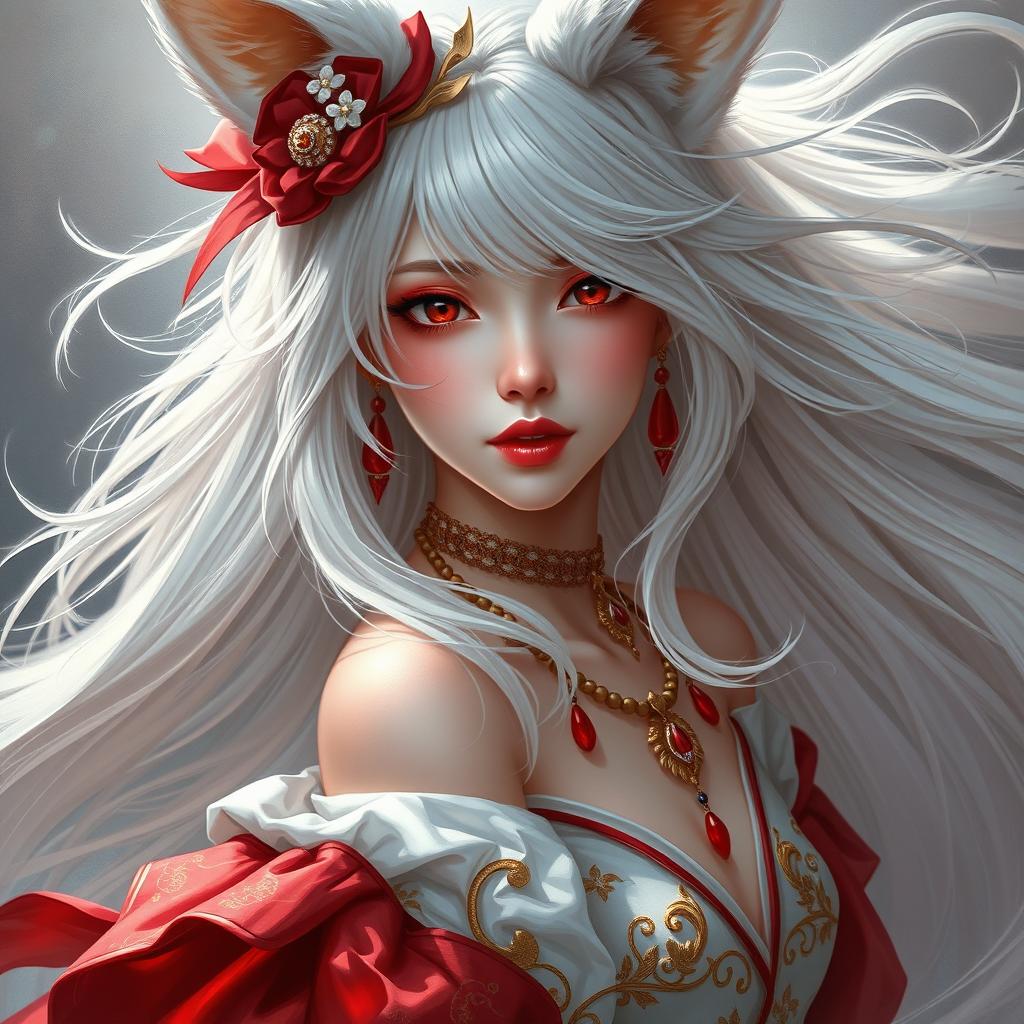 A stunning portrait of a beautiful anime girl with fox ears and flowing white hair, portrayed in an intricate and elegant style