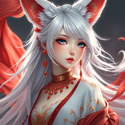 A stunning portrait of a beautiful anime girl with fox ears and flowing white hair, portrayed in an intricate and elegant style