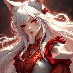 A stunning portrait of a beautiful anime girl with fox ears and flowing white hair, portrayed in an intricate and elegant style