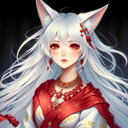 A stunning portrait of a beautiful anime girl with fox ears and flowing white hair, portrayed in an intricate and elegant style