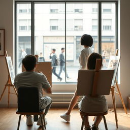 A photorealistic scene in an artist's gallery featuring a 20-year-old Asian woman with a bobcut hairstyle and bangs, showcasing her slender figure