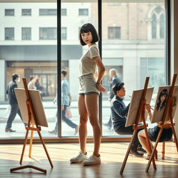 A photorealistic scene in an artist's gallery featuring a 20-year-old Asian woman with a bobcut hairstyle and bangs, showcasing her slender figure