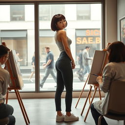 A photorealistic scene in an artist's gallery featuring a 20-year-old Asian woman with a bobcut hairstyle and bangs, showcasing her slender figure