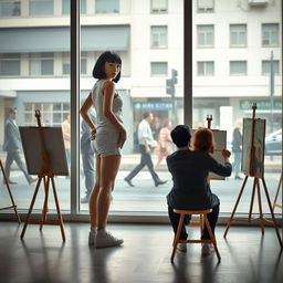 A photorealistic scene in an artist's gallery featuring a 20-year-old Asian woman with a bobcut hairstyle and bangs, showcasing her slender figure