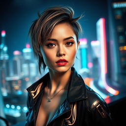 A futuristic portrait of a person looking vibrant and confident, incorporating elements of modern fashion with a hint of avant-garde style