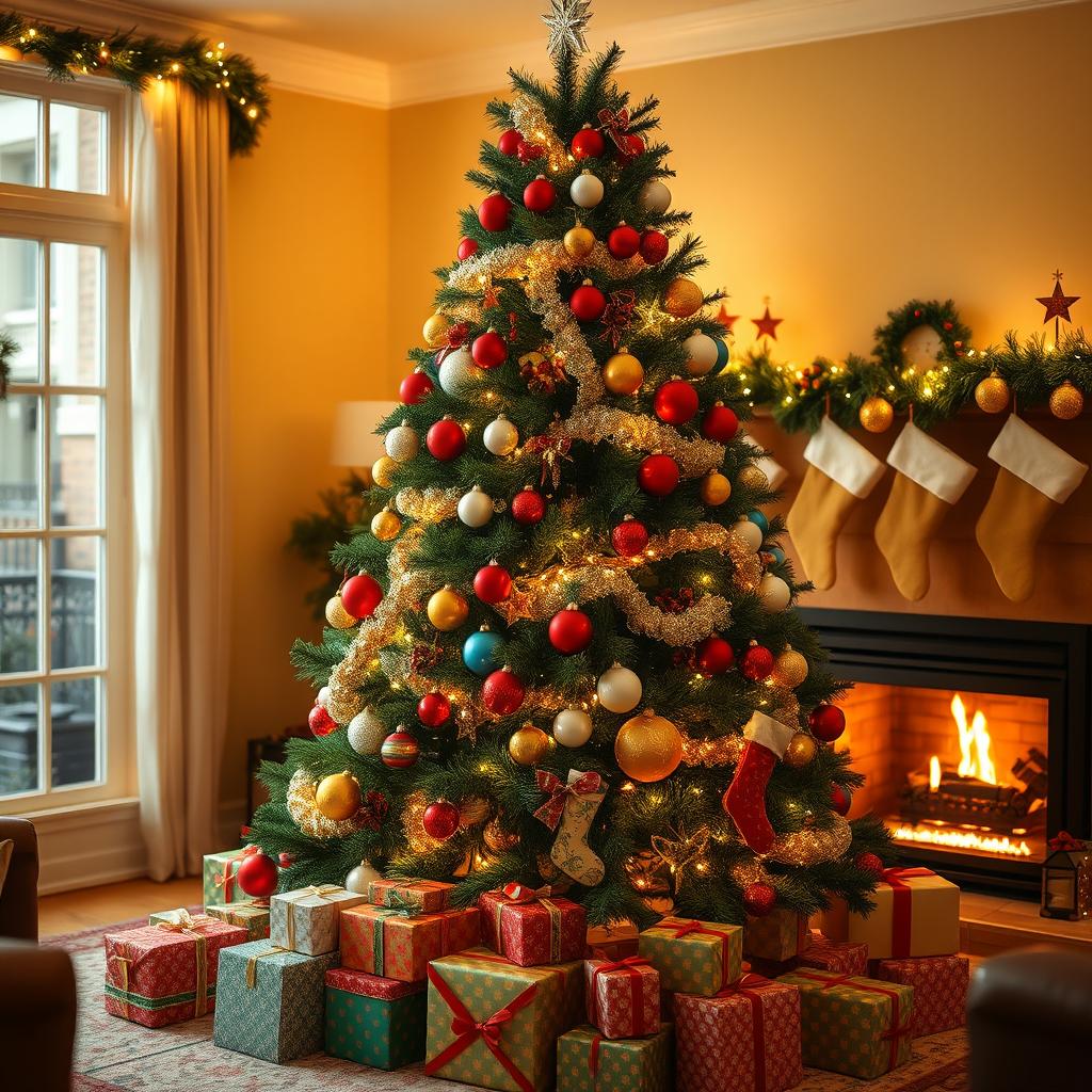 A beautifully decorated Christmas tree standing tall in a cozy living room