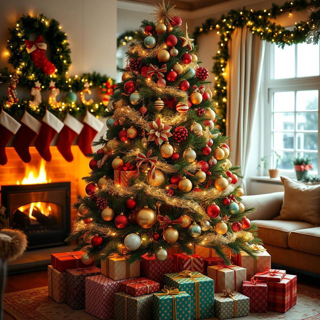 A beautifully decorated Christmas tree standing tall in a cozy living room