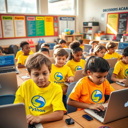 A vibrant classroom scene at Decoders Academy where kids are intently learning Python programming