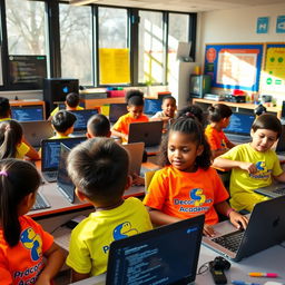 A vibrant classroom scene at Decoders Academy where kids are intently learning Python programming