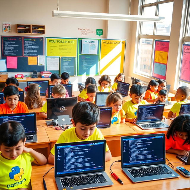 A vibrant classroom scene at Decoders Academy where kids are intently learning Python programming