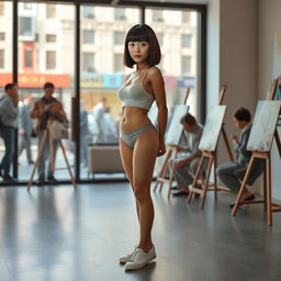 A photorealistic scene set in a painter's gallery with a large window through which pedestrians can be seen passing by