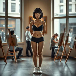 A photorealistic scene set in a painter's gallery with a large window through which pedestrians can be seen passing by