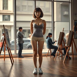 A photorealistic scene set in a painter's gallery with a large window through which pedestrians can be seen passing by