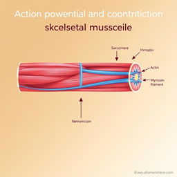 An educational illustration showcasing the action potential and contraction of skeletal muscle