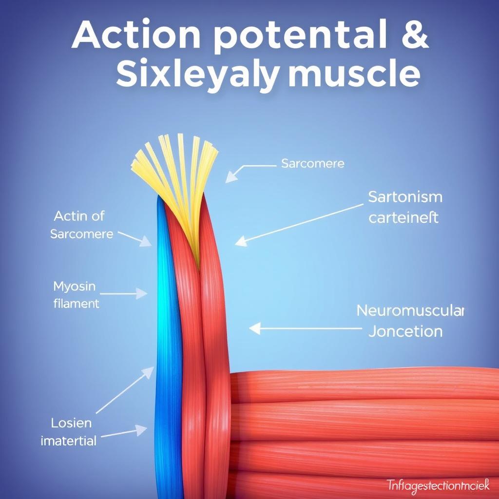 An educational illustration showcasing the action potential and contraction of skeletal muscle