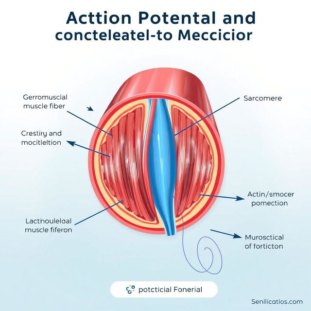 An educational illustration showcasing the action potential and contraction of skeletal muscle