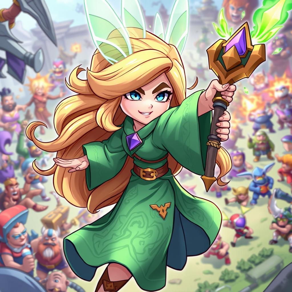 A dynamic and vibrant illustration of the Battle Healer character from Clash Royale, depicted in action on a battlefield