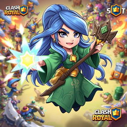 A dynamic and vibrant illustration of the Battle Healer character from Clash Royale, depicted in action on a battlefield