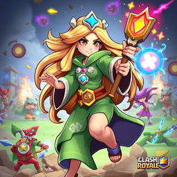 A dynamic and vibrant illustration of the Battle Healer character from Clash Royale, depicted in action on a battlefield