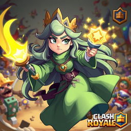A dynamic and vibrant illustration of the Battle Healer character from Clash Royale, depicted in action on a battlefield