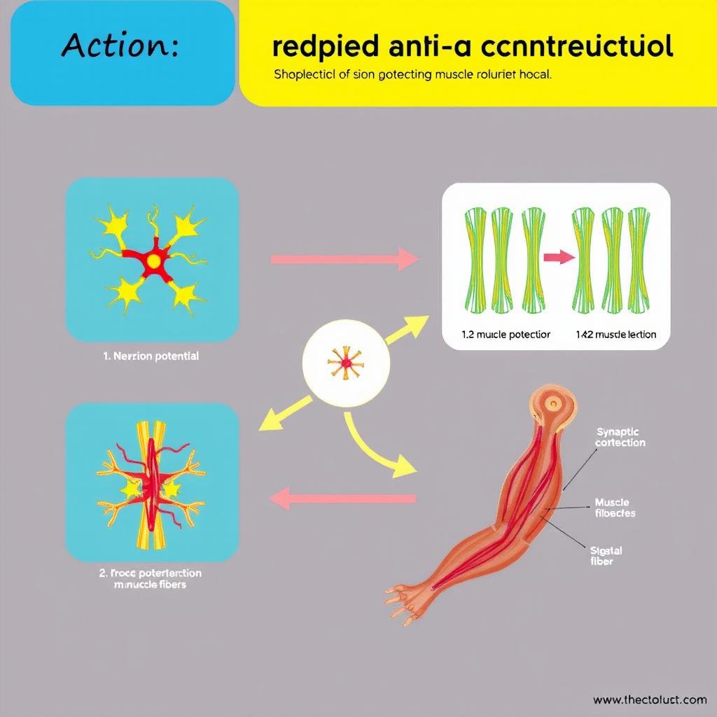 An educational illustration showcasing the action potential and contraction of skeletal muscle