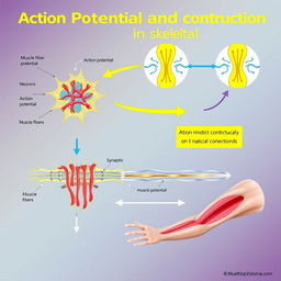 An educational illustration showcasing the action potential and contraction of skeletal muscle