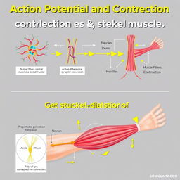 An educational illustration showcasing the action potential and contraction of skeletal muscle