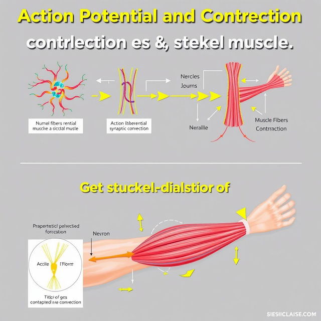 An educational illustration showcasing the action potential and contraction of skeletal muscle