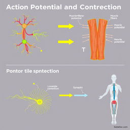 An educational illustration showcasing the action potential and contraction of skeletal muscle