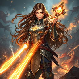 A dynamic and captivating illustration of a battle healer, a powerful female warrior dressed in intricately detailed battle armor that blends elements of fantasy and medieval design