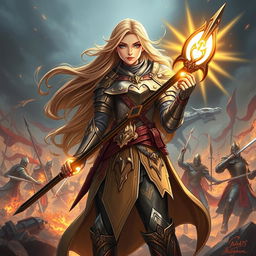 A dynamic and captivating illustration of a battle healer, a powerful female warrior dressed in intricately detailed battle armor that blends elements of fantasy and medieval design