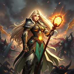A dynamic and captivating illustration of a battle healer, a powerful female warrior dressed in intricately detailed battle armor that blends elements of fantasy and medieval design