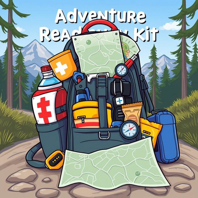 A vibrant and detailed illustration of an adventure readiness kit, known as a go kit